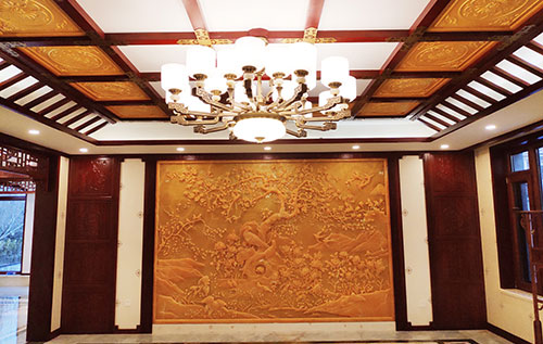 泰宁中式别墅客厅中式木作横梁吊顶装饰展示